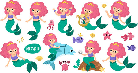 Wall Mural - Vector mermaids set. Underwater kingdom collection with ocean princess with pink hair. Cartoon marine fairytale character for kids. Water adventures clipart with siren in different poses