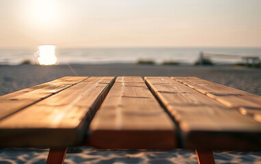 Aufkleber - Tranquil Summer Beach Scene with Smooth Sandy Table for Product Display, Bright Natural Light and Bokeh Background