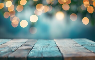 Poster - Festive Holiday Display Space on a Smooth Blue Wooden Table with Soft Bokeh Background and Cozy Glow