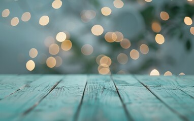 Poster - Soft Blue Wooden Table with Festive Bokeh Background in Cozy Indoor Setting for Holiday Theme Display