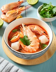 Wall Mural - Tom yam soup with shrimps, chili pepper, coconut lime and shrimp.