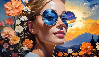 Wall Mural - A beautiful woman with reflective sunglasses depicting a sunlit land