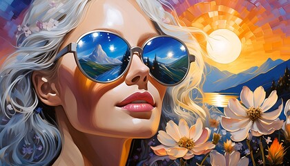 Wall Mural - A beautiful woman with reflective sunglasses depicting a sunlit land