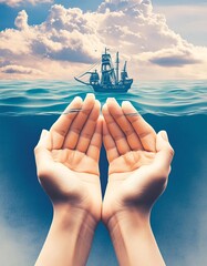 Canvas Print - Hand holding a ship in the sea