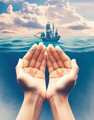 Wall Mural - Hand holding a ship in the sea