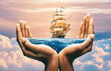 Wall Mural - Hand holding a ship in the sea