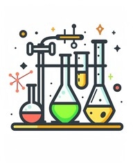 Chemistry themed graphic with laboratory tools and molecules. Science illustration design art isolated on a white background