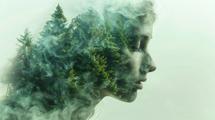 Wall Mural - Double exposure of a woman's head with forest landscape in the background.
