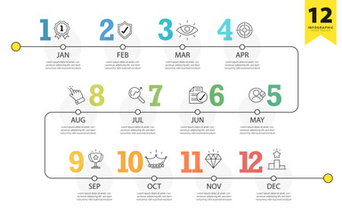 Wall Mural - Timeline calendar infographic template. 12 Step timeline journey, Simple flat year plan infographics. Business concept with 12 options, diagram vector illustration.