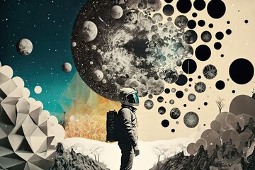 Wall Mural - a man standing in front of a painting of planets