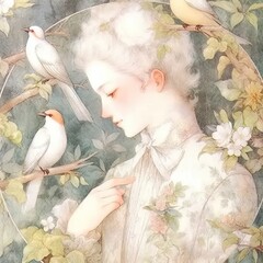 Wall Mural - a painting of a woman surrounded by birds