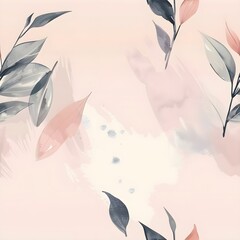 Sticker - Seamless Pattern: Dreamy Watercolor Leaves on Light Pink Background in Minimalist Style
