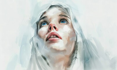 Sticker - Biblical character. Emotional close up portrait of a woman with blue eyes in a veil looking up.