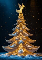 Poster - Elegant Christmas Tree with Angel Topper and Golden Lights in a Minimalist Design Against Night Sky