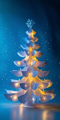 Poster - Minimalist Paper Christmas Tree with Elegant Lighting and Snowflake Topper in a Serene Indoor Setting