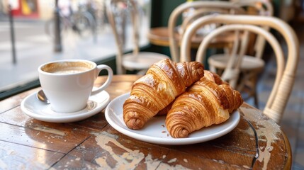 French croissants with a cup of coffee on a Parisian caf table