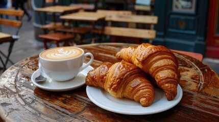 French croissants with a cup of coffee on a Parisian caf table