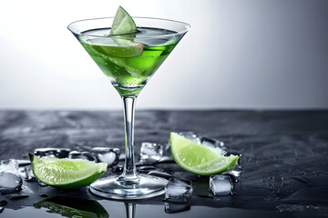 Wall Mural - Cocktail absinthe with vodka in martini glass print print for skinned kitchen background interior bar products home furnishings trendy design black gray gradient sliced fruits and ice.