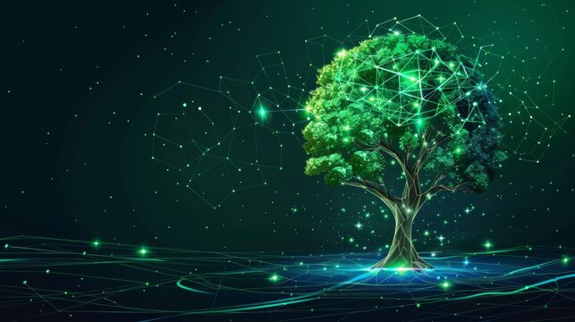 Green tree representing network electronic communication. Concept of modern technologies