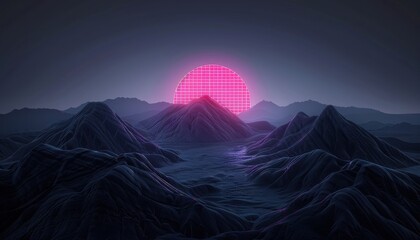 Wall Mural - A mountain range with a glowing red sun in the sky