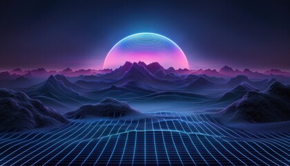 Wall Mural - A colorful, futuristic landscape with a large, glowing sun in the sky
