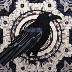 Wall Mural - a black bird sitting on top of a circular design