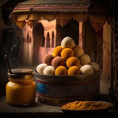 Poster - a bucket full of oranges next to a jar of mustard