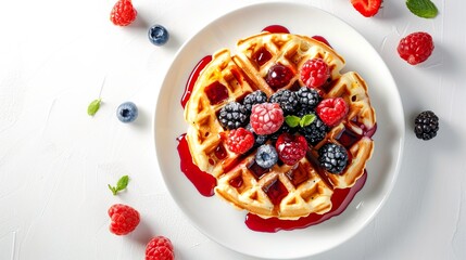 Sticker - Delicious waffle with mixed berries and syrup on a white plate. Perfect for breakfast or brunch. Ideal image for food blogs, recipe websites, and culinary promotions.