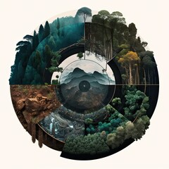 Poster - a collage of trees, mountains, and a body of water