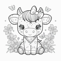 Sticker - a cute little cow sitting in a field of flowers