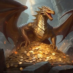 Wall Mural - a dragon sitting on top of a pile of gold coins