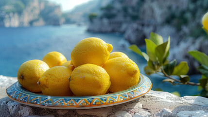 Wall Mural - A plate of fresh lemons with a scenic ocean background.