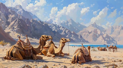 Camels stroll along a beautiful beach with mountains in the background.