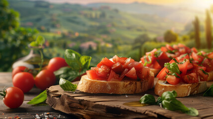 Bruschetta with tomatoes and basil on a wooden board, countryside view