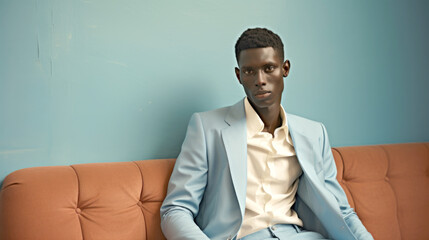 Wall Mural - Young black male model in pastel blue suit against interior background, fashion shoot