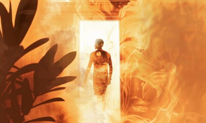 Silhouette of a man entering a sauna room filled with steam, highlighting the warm and misty atmosphere of a therapeutic session