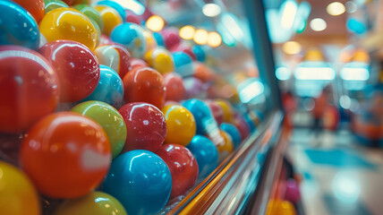 Close-up of colorful gumballs in a vending machine.