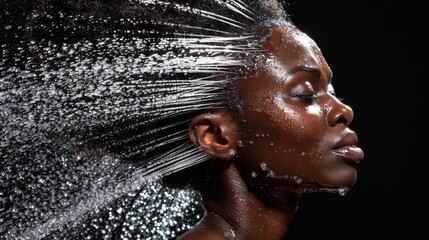 Wall Mural - Showcase the indulgent experience of a hair shower with images of a person surrounded by steam, eyes closed in relaxation