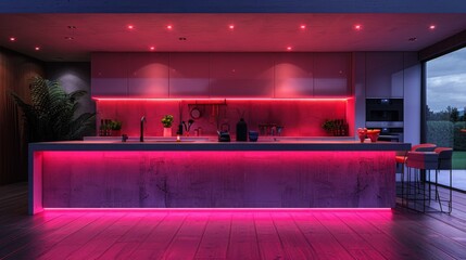 Sticker - Transform your kitchen into a cozy entertainment hub at night with a smart TV and LED strips illuminating the island