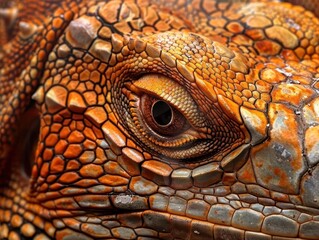 Wall Mural - extreme closeup of iguanas face intricate scale patterns in rich orange and copper tones piercing eye with vivid detail textured backdrop enhancing prehistoric appearance