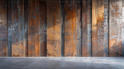 Wall Mural - Screen wall featuring elongated vertical panels of oxidized metal, each panel bearing the natural patterns of corrosion for an organic feel