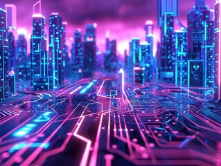 Wall Mural - futuristic 3d circuit board landscape with neon blue and purple light trails creating a cyberpunk cityscape with towering data structures