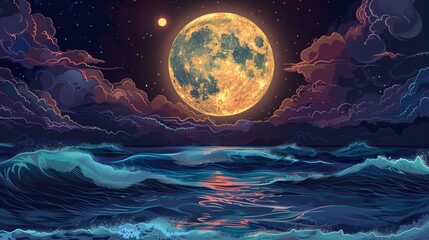 Full moon reflecting on sea waves with dark sky background.