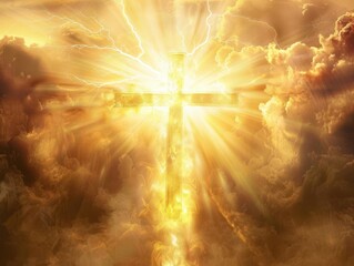 Wall Mural - majestic golden cross radiating divine light abstract heavenly background ethereal clouds symbolic representation