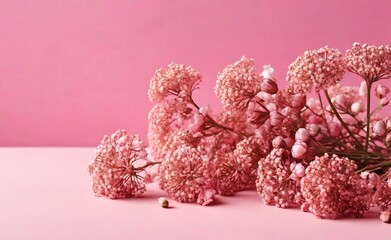 Dry pink flowers gypsophila on pink background. Flat lay, top view, copy space 