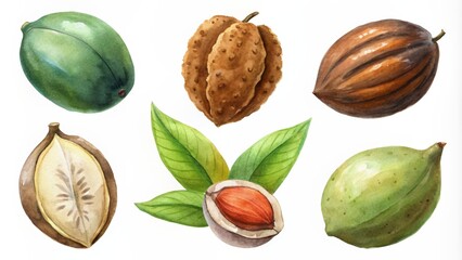hand-painted nuts collection in watercolor isolated on white with detailed elements, perfect for fabric designs, gift wrap, wall art, digital prints, stationery, product labels