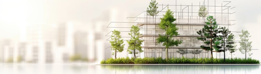 Sustainable green architecture concept with modern buildings and trees integrating nature and urban design for eco-friendly living.