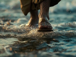 Sticker - miraculous moment closeup of jesus sandaled feet stepping on turbulent water surface ripples emanating from each step divine light illuminating scene