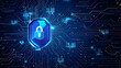 © ArtistryAxis - Cyber security and data protection concept locks on a blue integrated circuit representing firewall defense against hacker attacks digital high-tech background