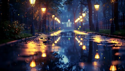 Wall Mural - rain street with light reflecting from the rain water abstract background of the street with street lamps glowing and shinning 